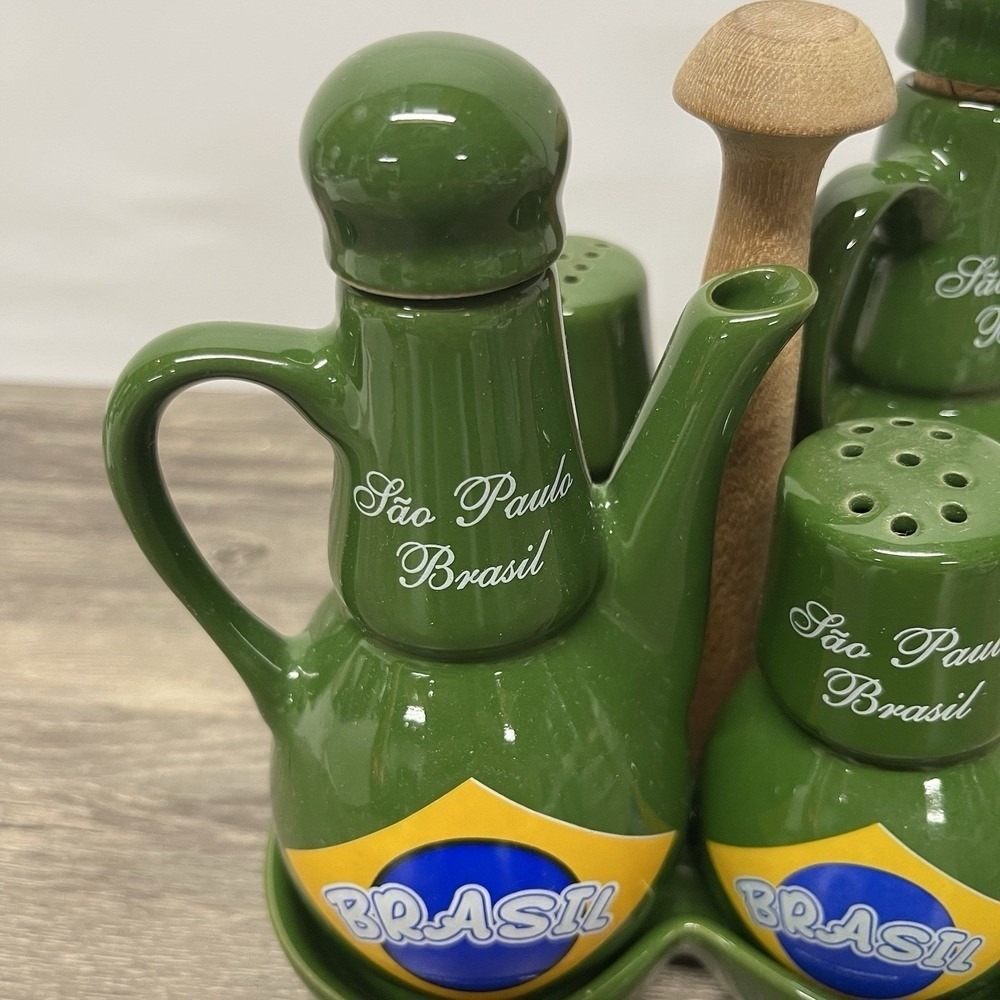 Sao Paulo Brasil Cruet Set Ceramic Green Brazil Flag 5 Piece Caddy - Picture 12 of 16